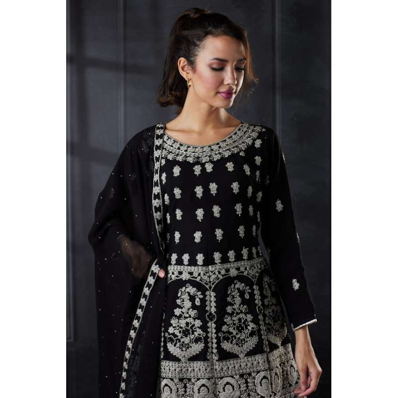 Women Black Floral Wrap Neck Peplum Kurti